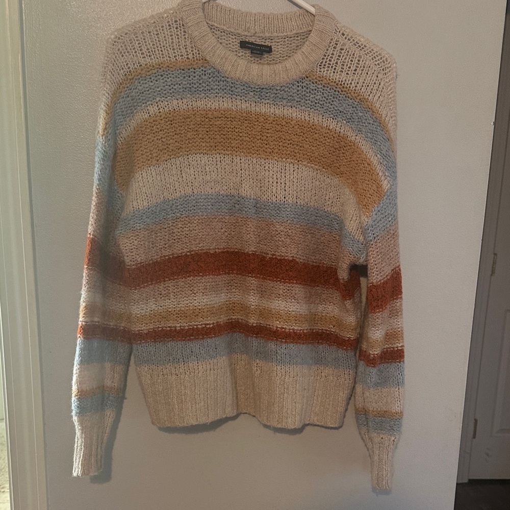 American Eagle Outfitters Striped Crew Neck Sweater - Cream, Blue, Brown